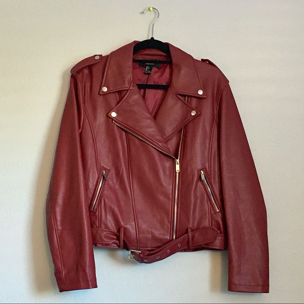 Red faux leather moto jacket